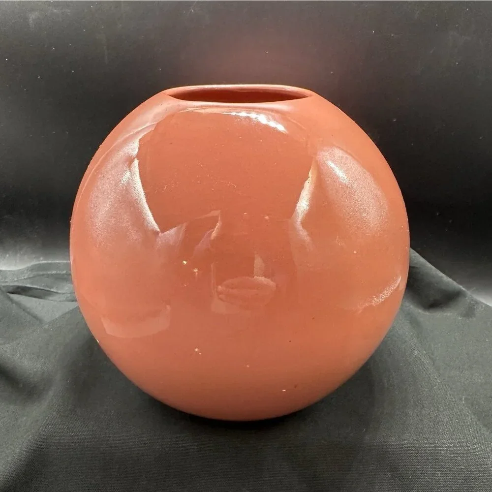 Vintage Coral Orange Orb Vase Glossy Ceramic Globe Bud Vase Retro 1980s 5.75